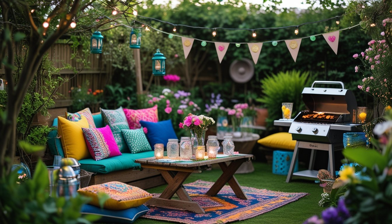 A small garden set up for an outdoor party with colourful cushions, fairy lights, a wooden table with flowers, and guests enjoying the space.