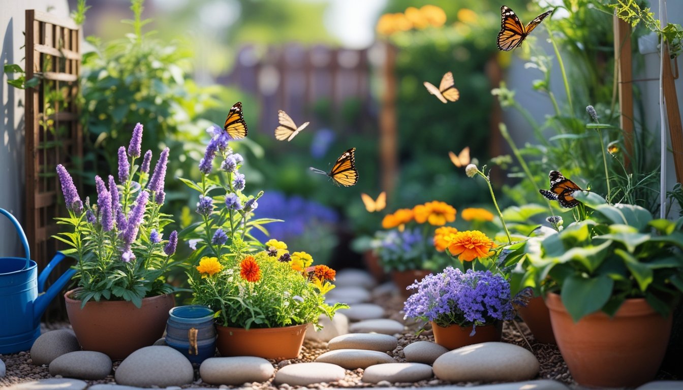 A small butterfly garden with colourful flowers and several butterflies resting and flying among the plants in a compact outdoor space.