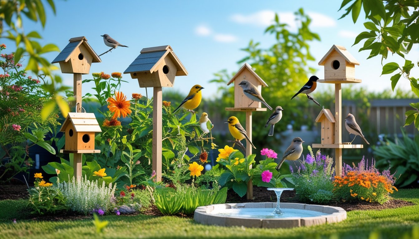 A colourful garden with native plants, wooden birdhouses, bird feeders, a birdbath, and several birds perched among the greenery.