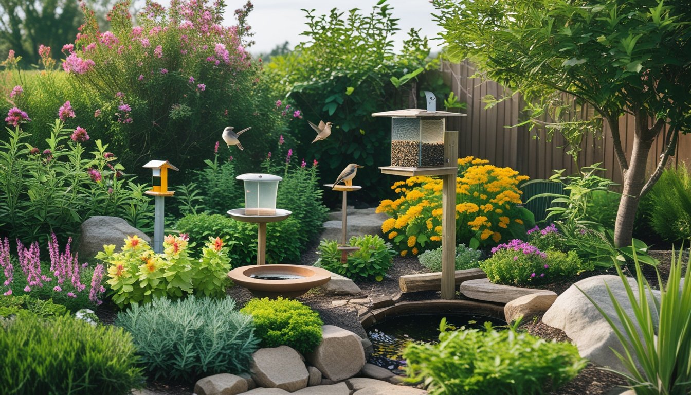A colourful garden with native plants, bird feeders, and small birds among greenery and a water feature.
