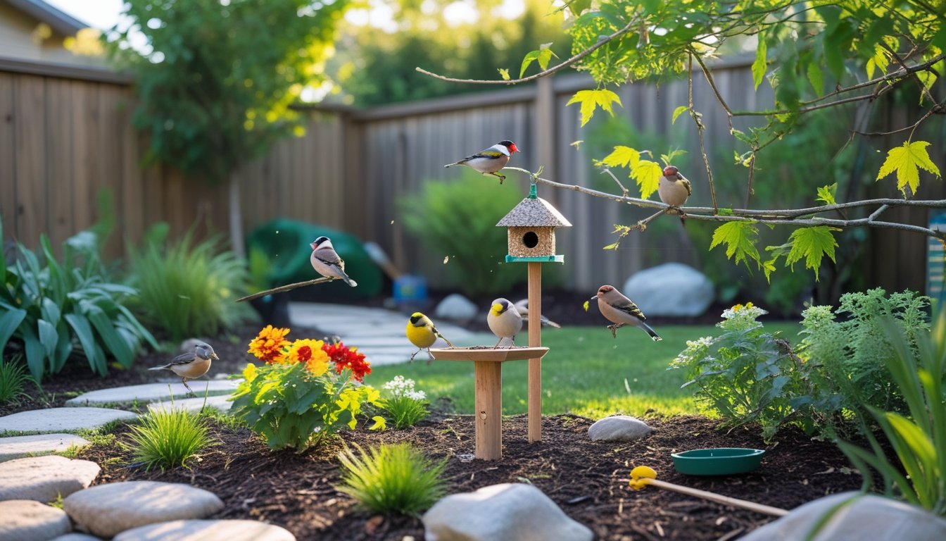 A small garden with native plants and flowers attracting several small birds feeding and perched near a homemade bird feeder and birdbath.