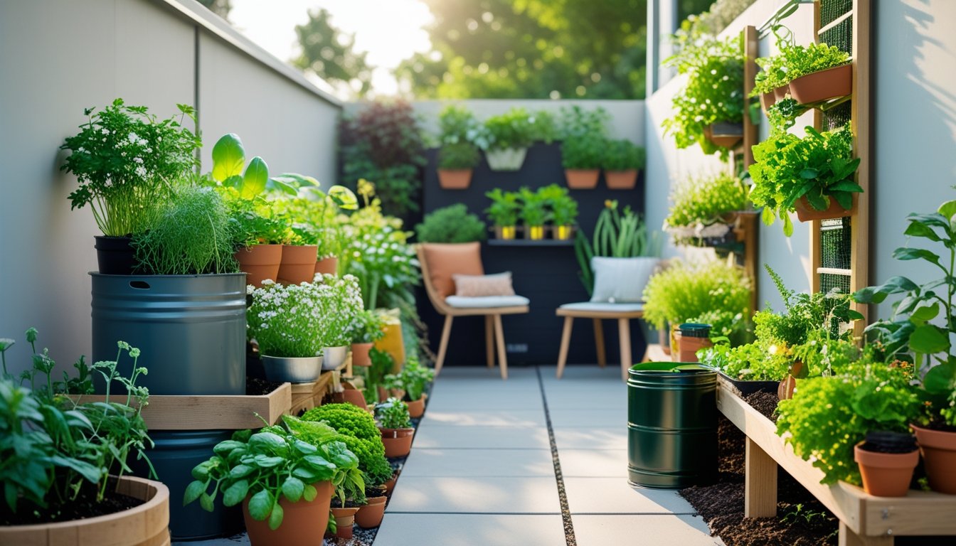 A small urban garden with various green plants in recycled wooden planters and pots, vertical trellises, a rainwater barrel, and compost bin in a compact outdoor space.
