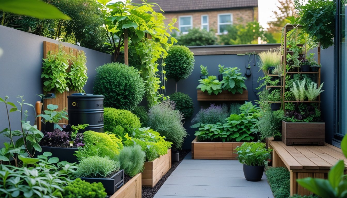 A small urban garden with green plants, wooden planters, a rainwater barrel, and sustainable outdoor furniture.