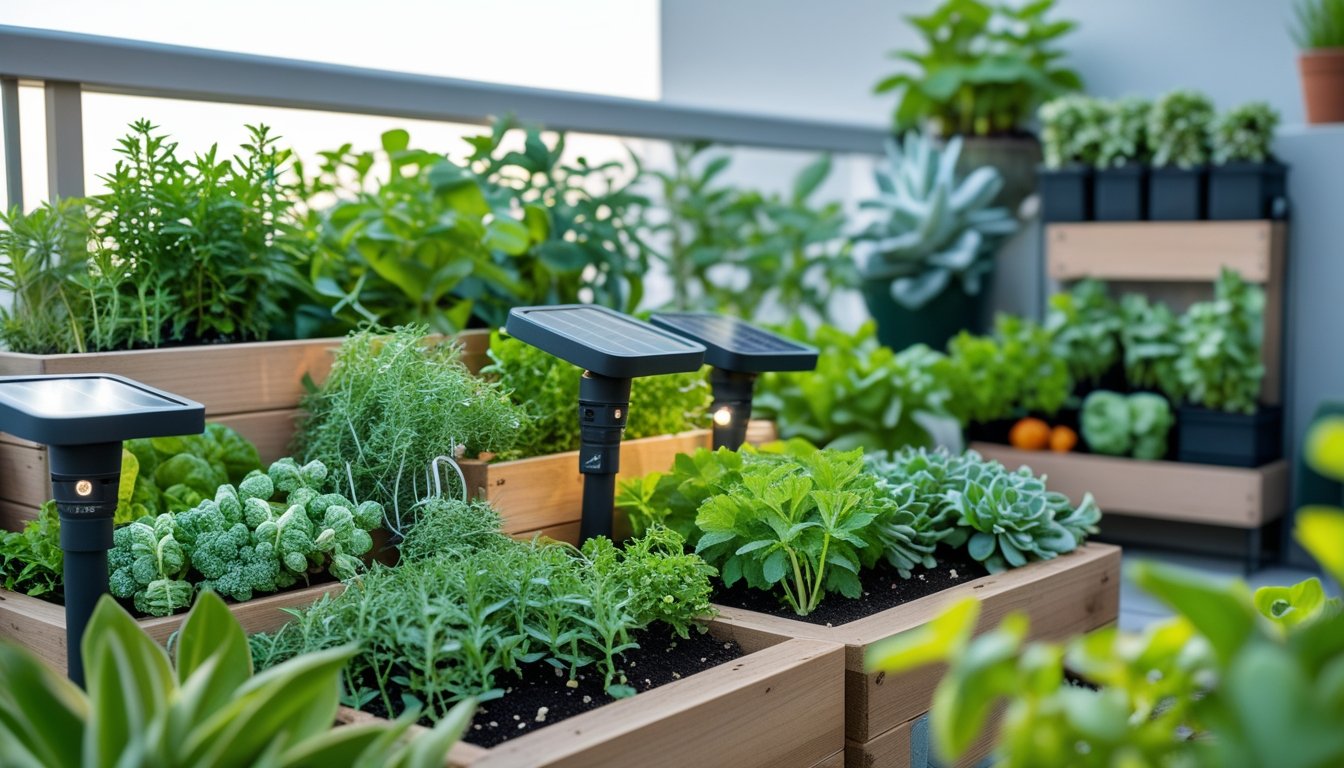 A small urban garden with green plants growing in raised wooden planters and vertical structures on a balcony or patio.