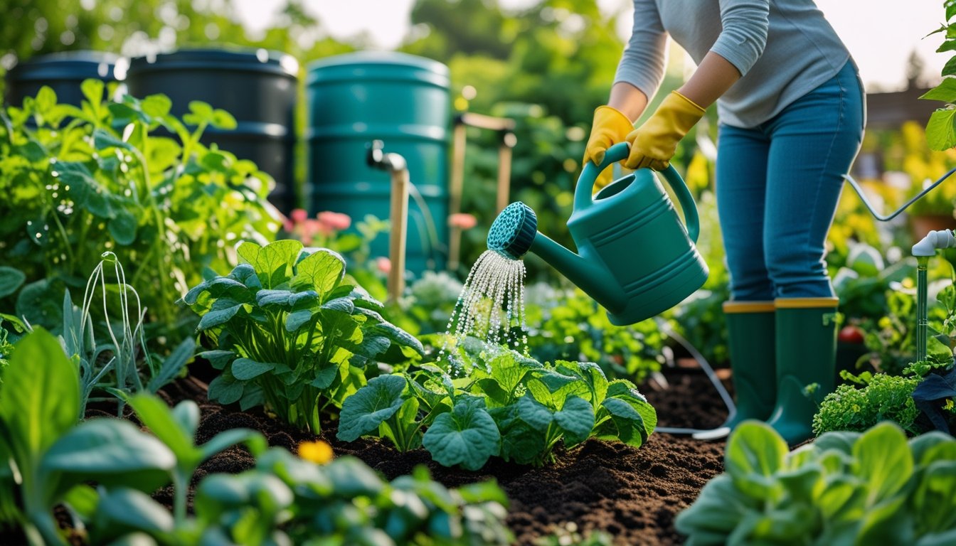 A person watering healthy plants in a garden with rainwater barrels and drip irrigation visible in the background.