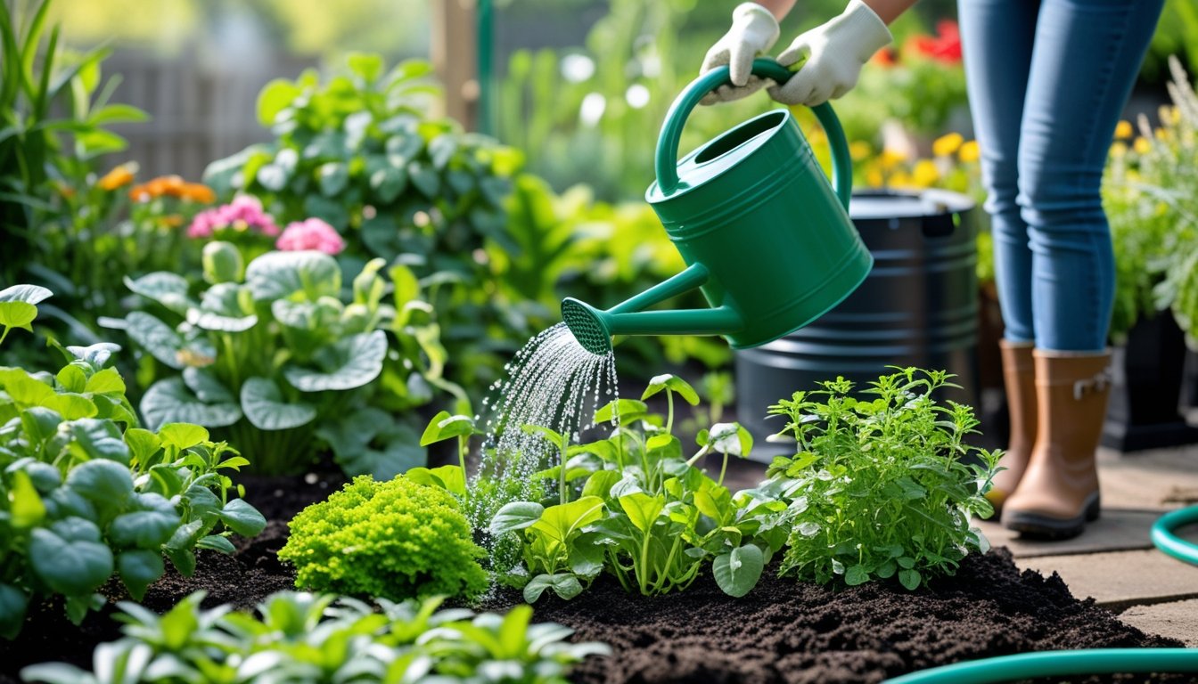 A person watering plants in a garden using a watering can, with a rain barrel and gardening tools nearby.