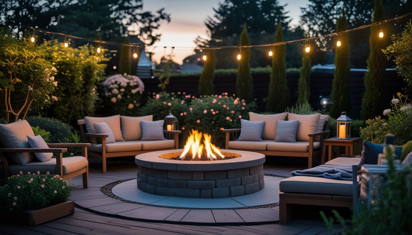 A garden fire pit area with a glowing fire surrounded by comfortable chairs and plants in the early evening.
