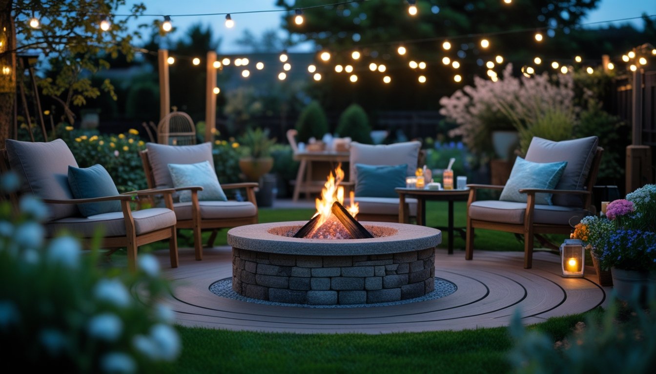 A cosy garden fire pit area with a gentle fire, surrounded by chairs and soft cushions, set in a green garden with plants and string lights in the evening.