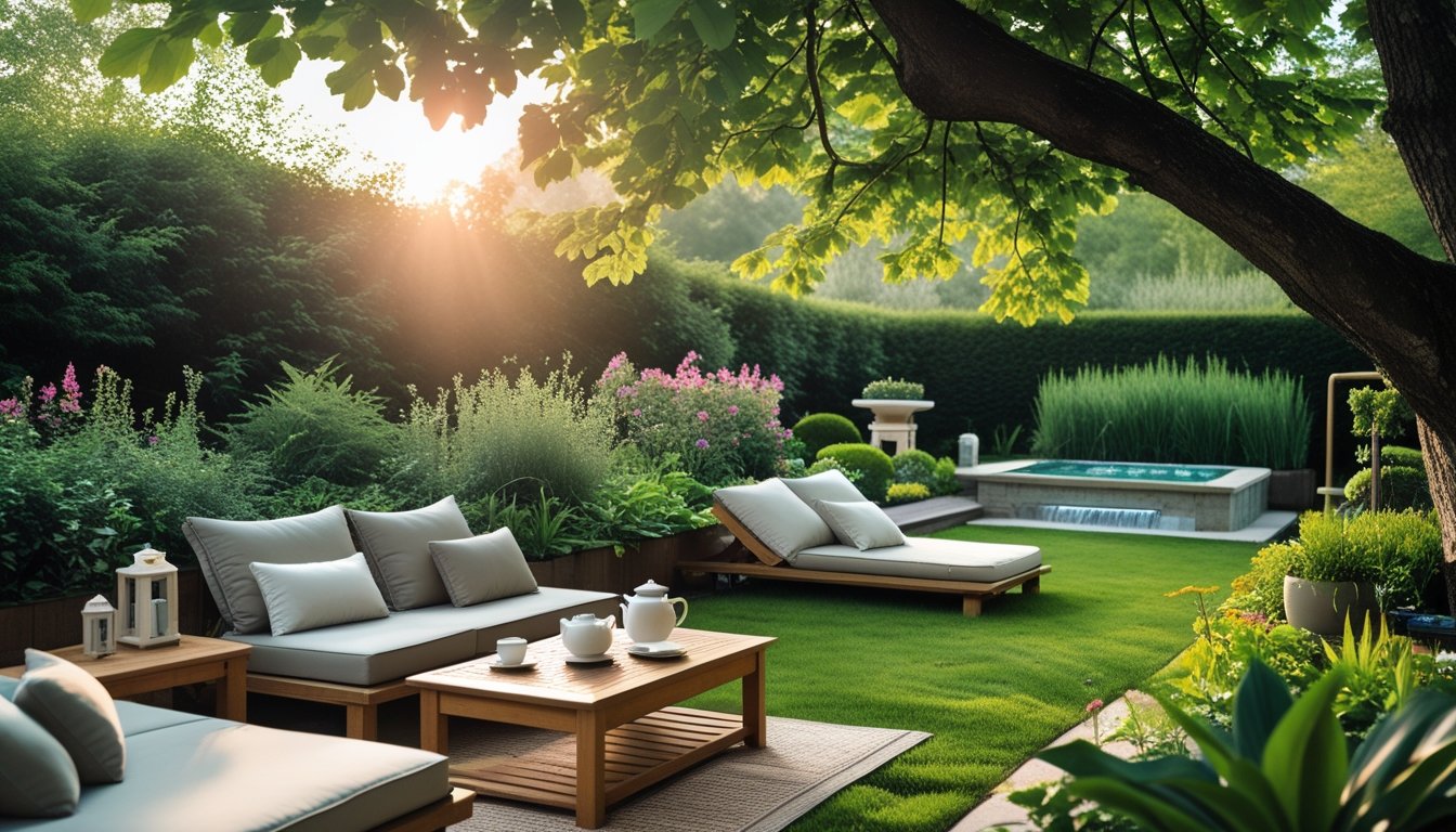 A peaceful outdoor garden seating area with lounge chairs, cushions, a wooden bench, and a small table surrounded by plants and trees.