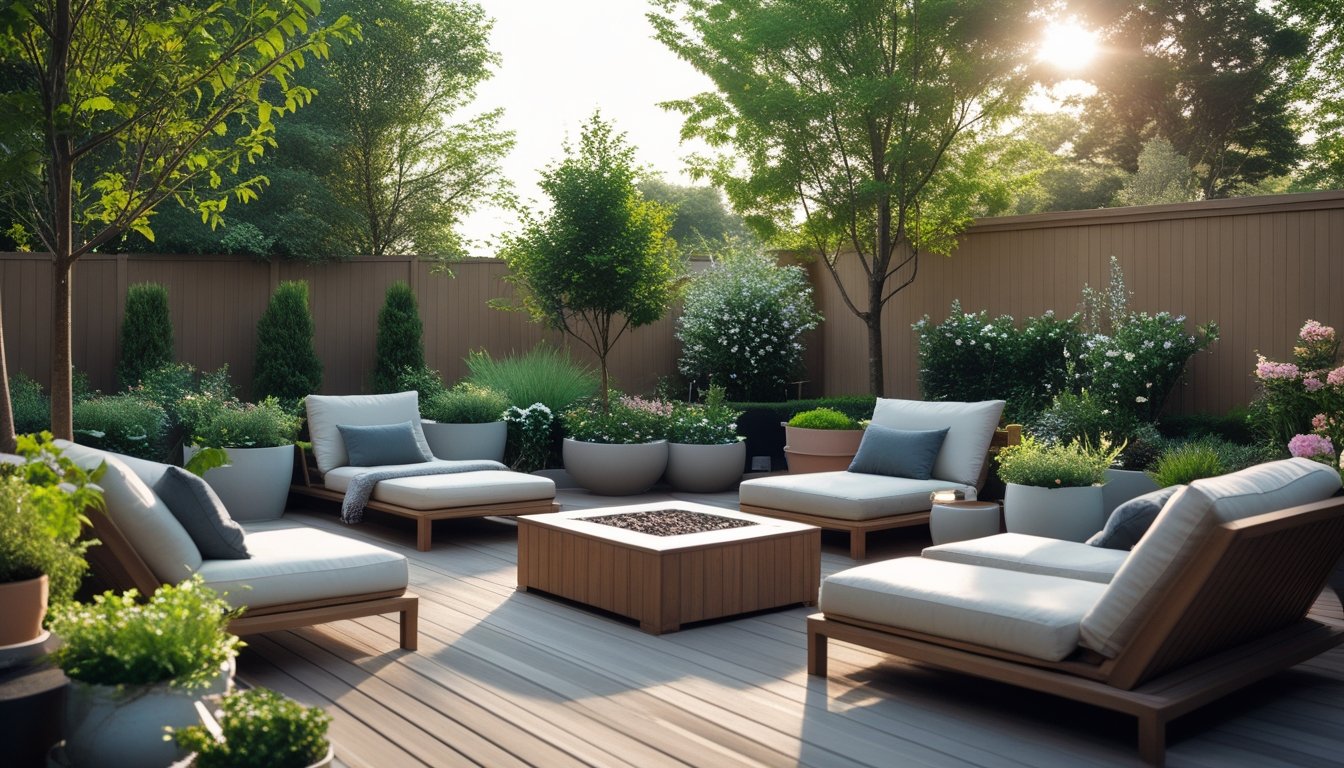 Outdoor relaxation space with lounge chairs, plants, and a wooden deck without a hot tub.