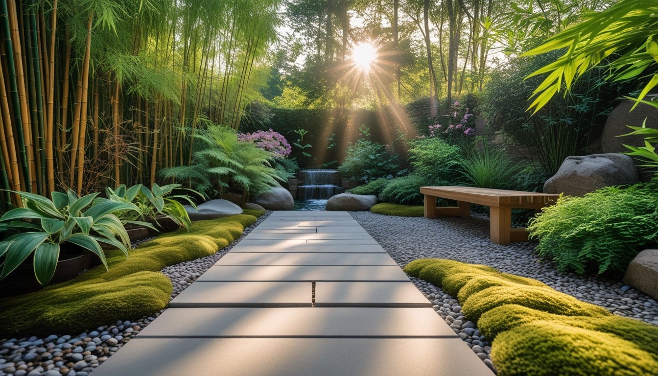 A peaceful garden with a wooden bench, stone pathway, lush plants, and a small water feature surrounded by trees.