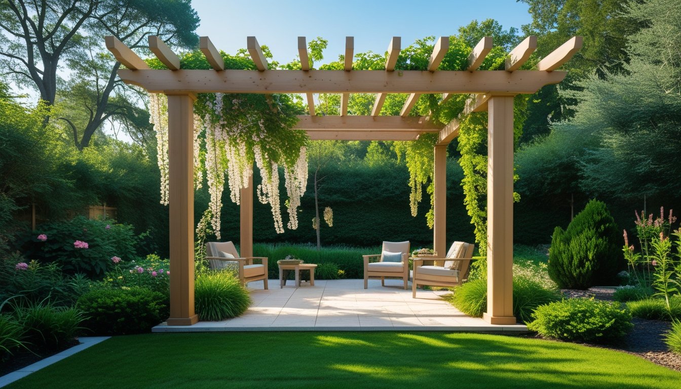 A wooden pergola covered with climbing plants in a peaceful garden surrounded by green plants and flowers, with outdoor furniture underneath and sunlight filtering through.