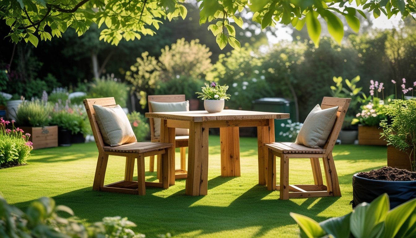 Outdoor garden with wooden eco-friendly furniture surrounded by plants and greenery under natural sunlight.