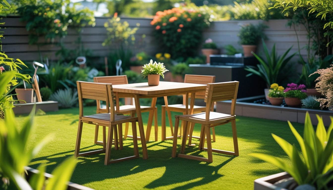 Outdoor garden with wooden eco-friendly furniture set on green grass surrounded by plants and flowers.