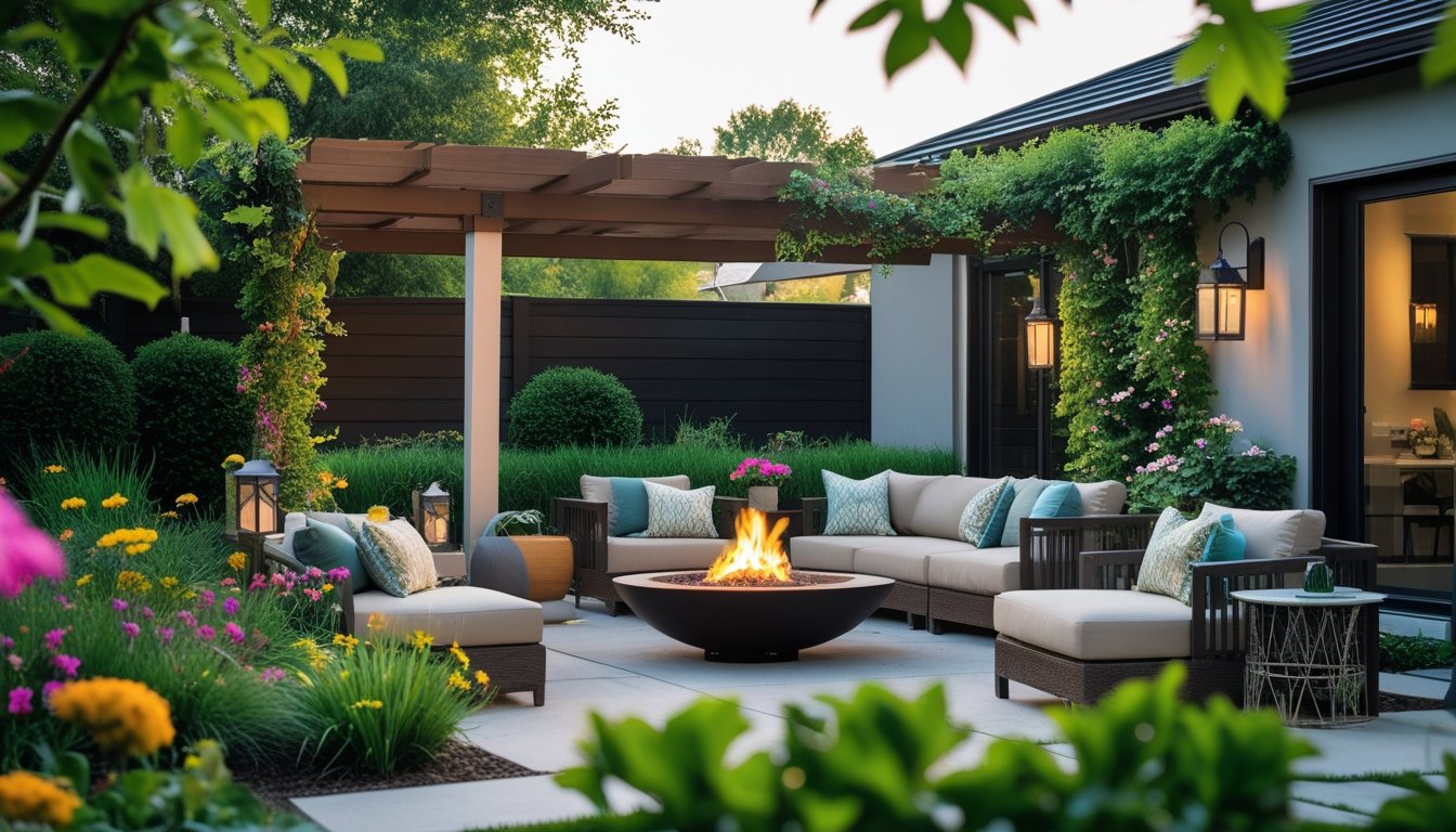 A modern outdoor patio with comfortable seating, a fire pit, and surrounding plants in a garden next to a house.