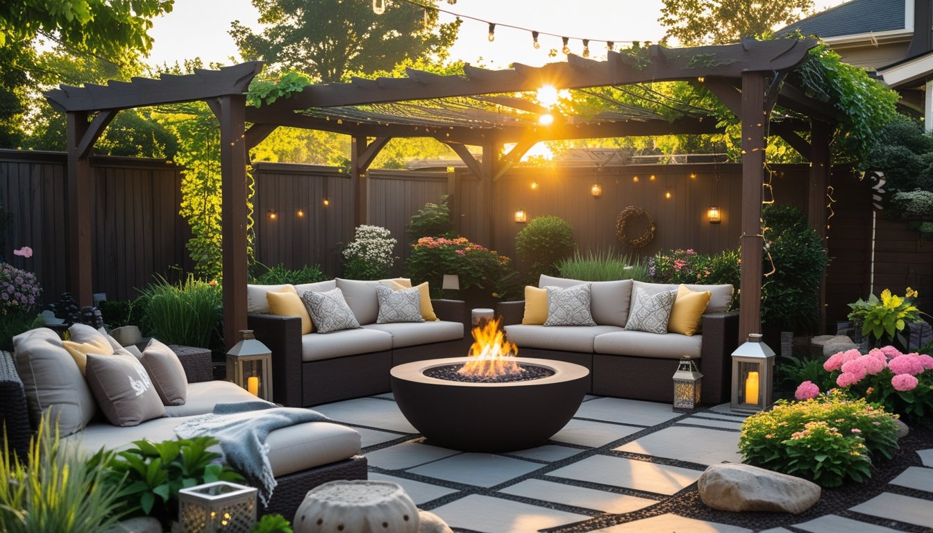 A personalised outdoor living area with comfortable seating, plants, string lights, a fire pit, and a wooden pergola in a garden.