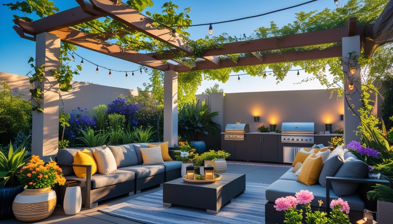 An inviting outdoor patio with comfortable seating, lush plants, and decorative lighting under a pergola on a sunny day.