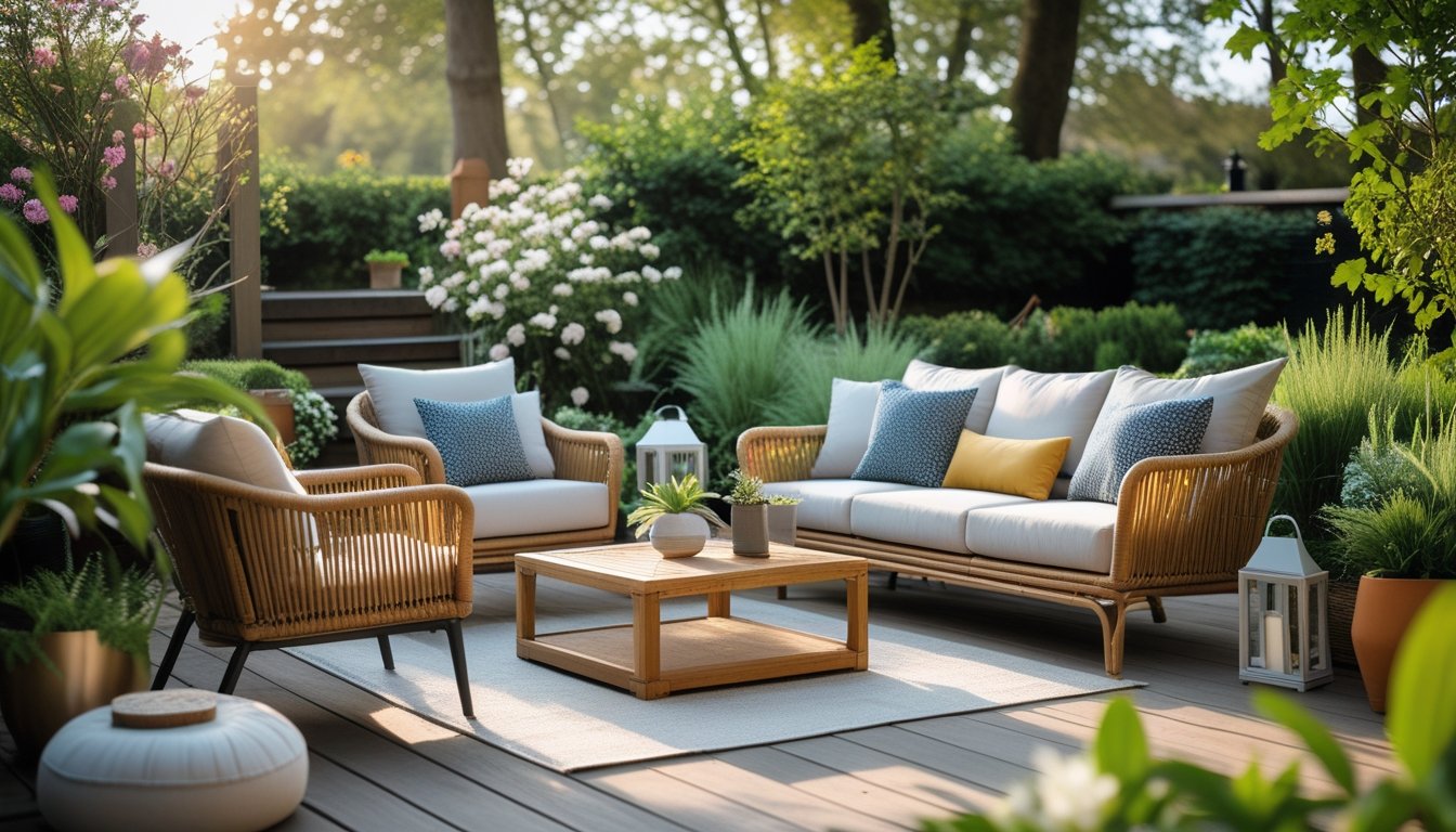 An outdoor lounge area with cushioned seating, a coffee table, and plants in a garden setting.