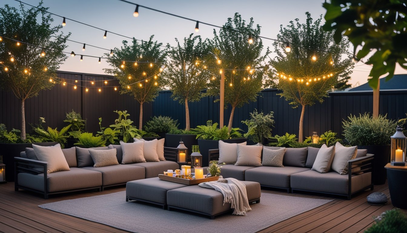 An outdoor patio with cushioned sofas, coffee table, plants, and warm lighting creating a comfortable lounge area.