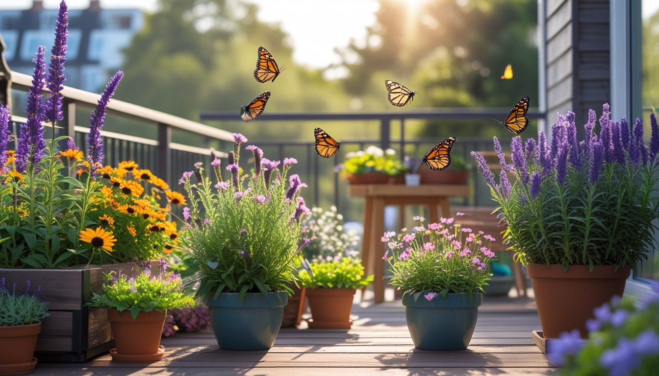 A small balcony garden with colourful flowers and butterflies fluttering among the plants.
