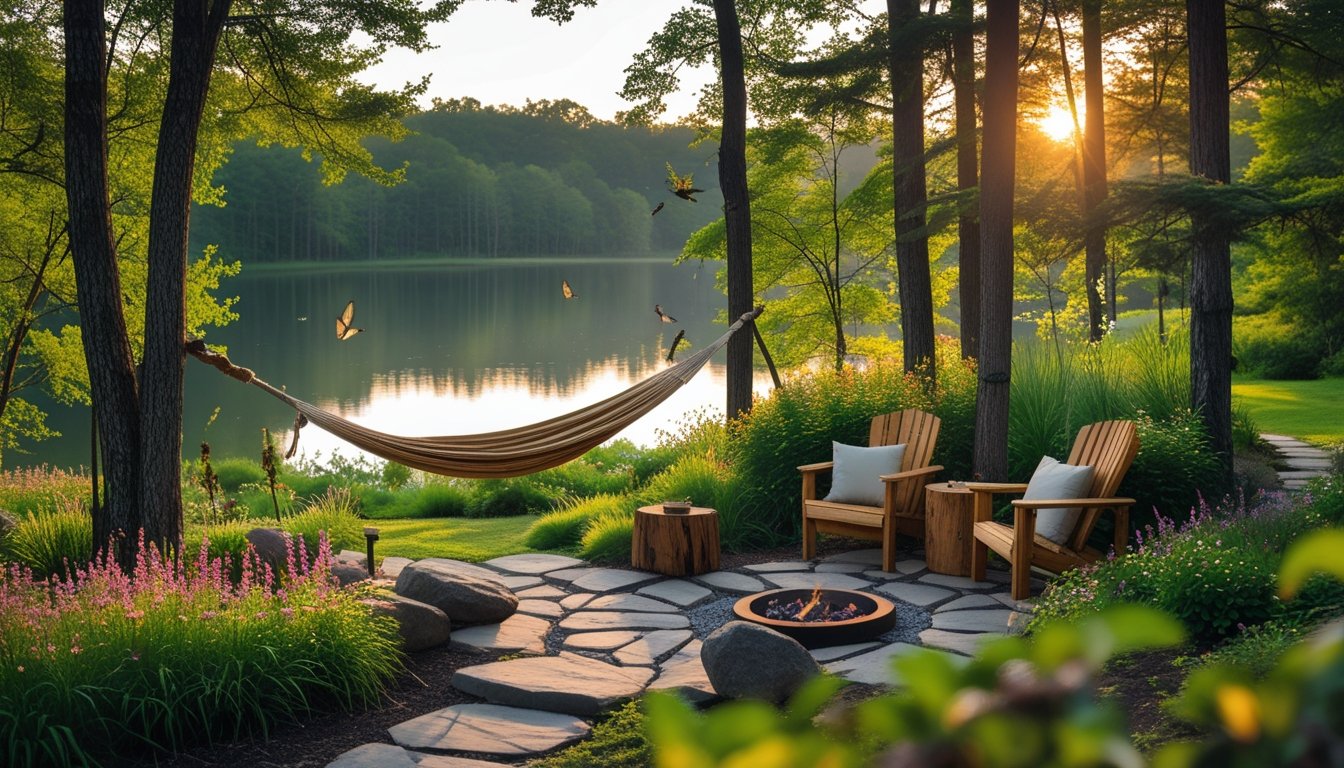 A peaceful outdoor retreat with a hammock, wooden chairs around a fire pit, wildflowers, trees, and a calm lake in the background.