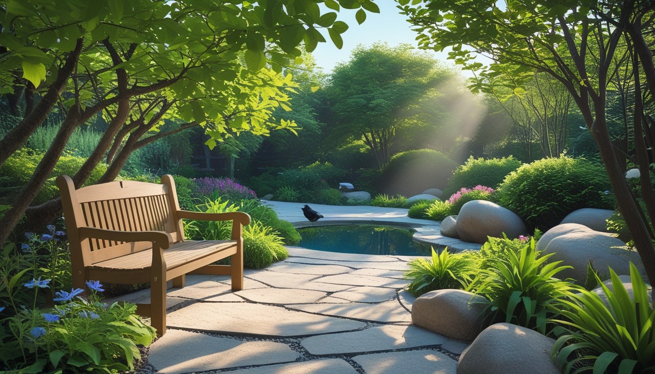 A peaceful garden with a wooden bench surrounded by trees, flowers, and a small pond under a clear sky.