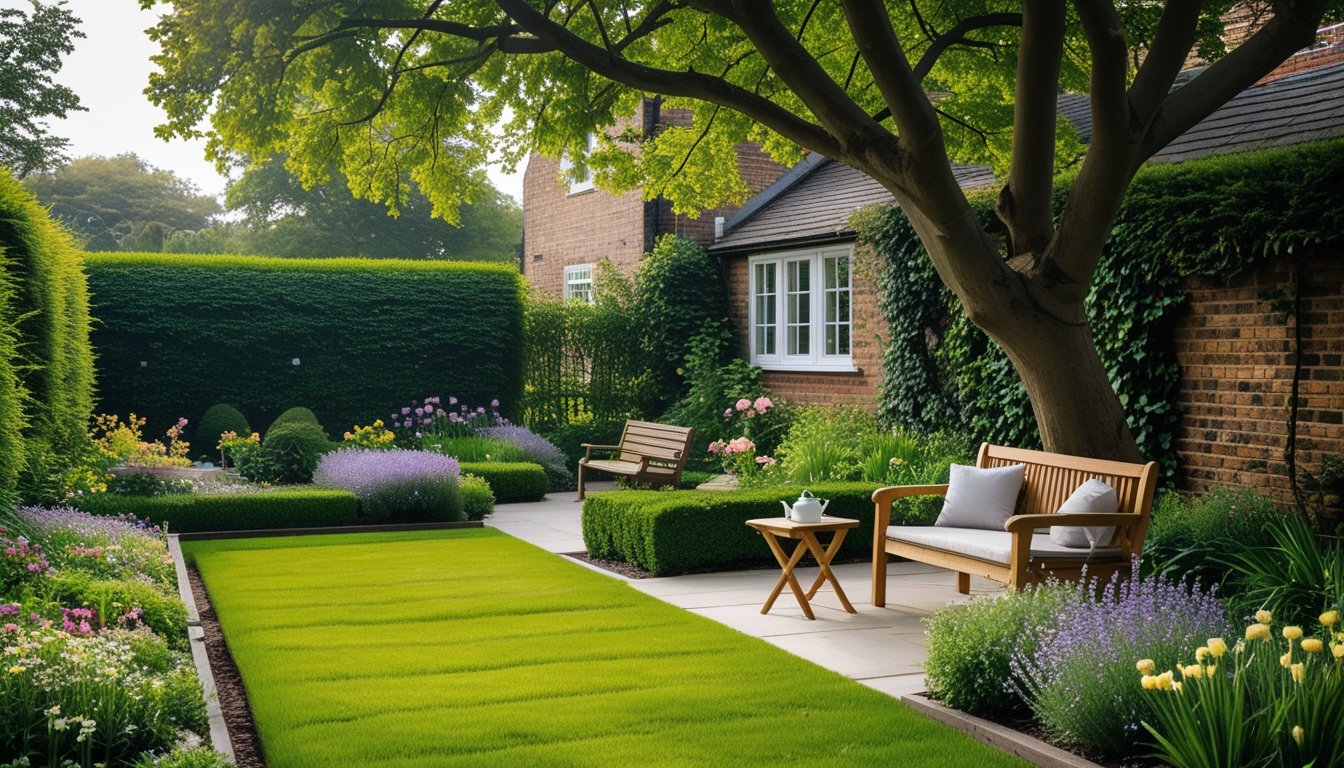 A peaceful UK garden with green grass, colourful flowers, a wooden bench with cushions under a tree, and a small table with a teapot and cup.