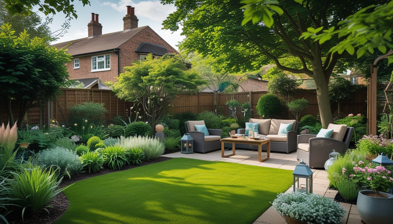 A peaceful UK garden with green grass, flowering plants, trees, and outdoor seating including cushioned chairs and a wooden table.