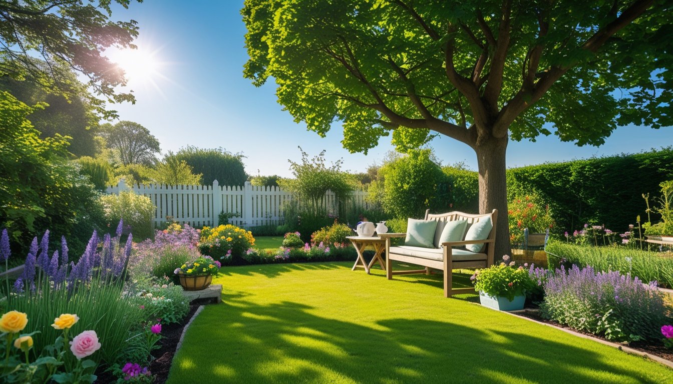 A sunny UK garden with a wooden bench under a tree, colourful flowers, a small table with a teapot, and a white picket fence in the background.