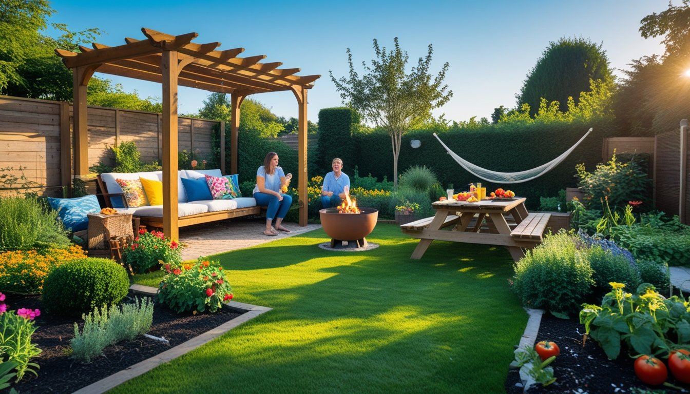 A garden with a pergola seating area, fire pit, picnic table, hammock, and colourful plants, showing people enjoying the outdoor space.