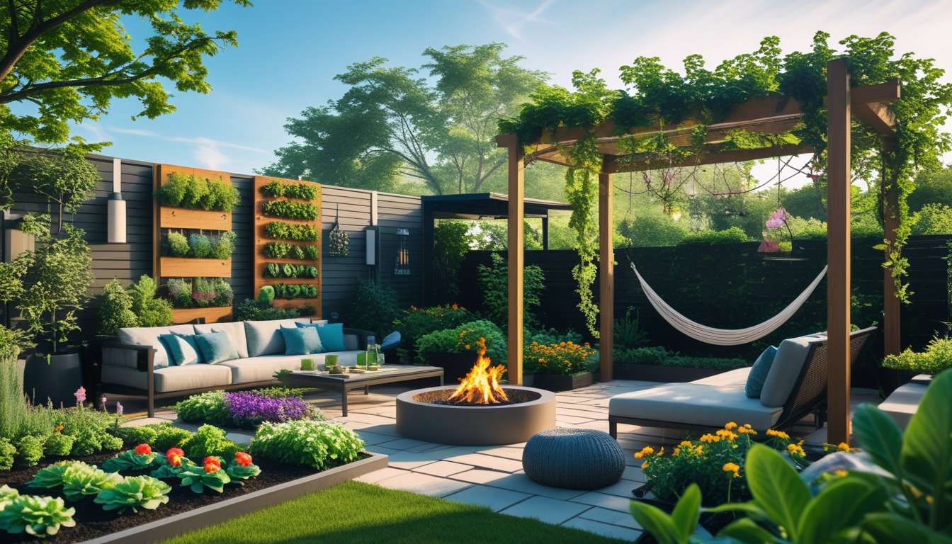 A garden with outdoor seating, a fire pit, hammock, vertical herb garden, vegetable patch, and pergola surrounded by plants and trees under a sunny sky.
