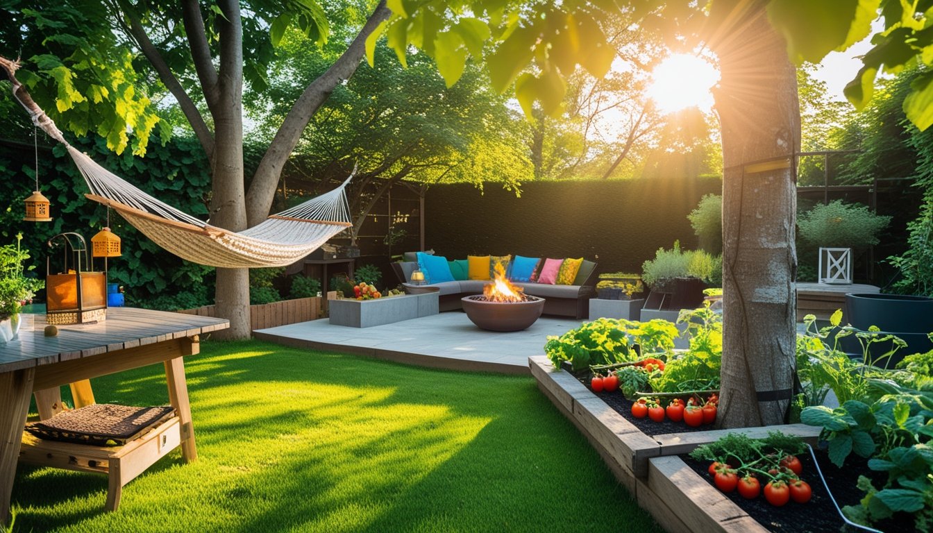 A garden with a hammock, outdoor dining area, fire pit, vegetable patch, and lush greenery on a sunny day.