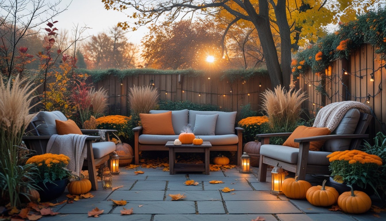 A cosy autumn garden with wooden chairs, cushions, blankets, pumpkins, autumn plants, and warm lantern lighting on a stone patio.