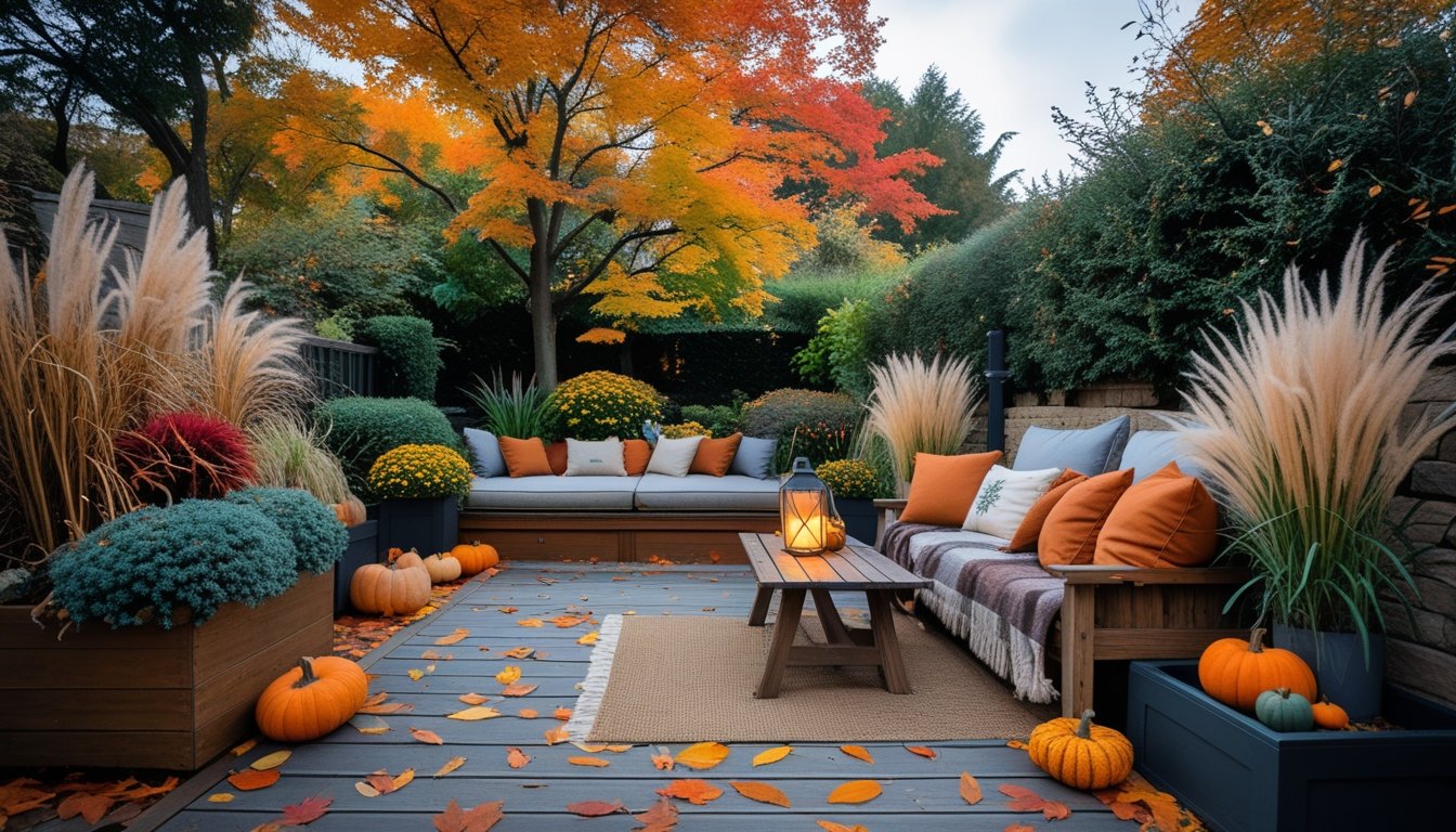 A cosy autumn garden with colourful fallen leaves, outdoor seating with cushions and blankets, pumpkins, and autumn plants under vibrant trees.