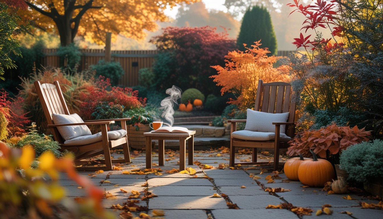 An autumn garden with wooden chairs, a small table with a cup of tea and an open book, surrounded by colourful autumn leaves and plants.