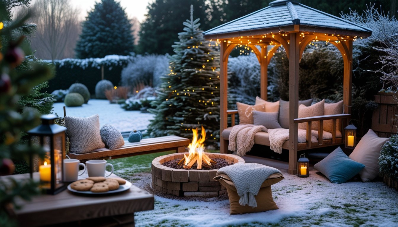A garden winter retreat with a wooden gazebo, fire pit, cushioned seating, blankets, and snow-covered trees.