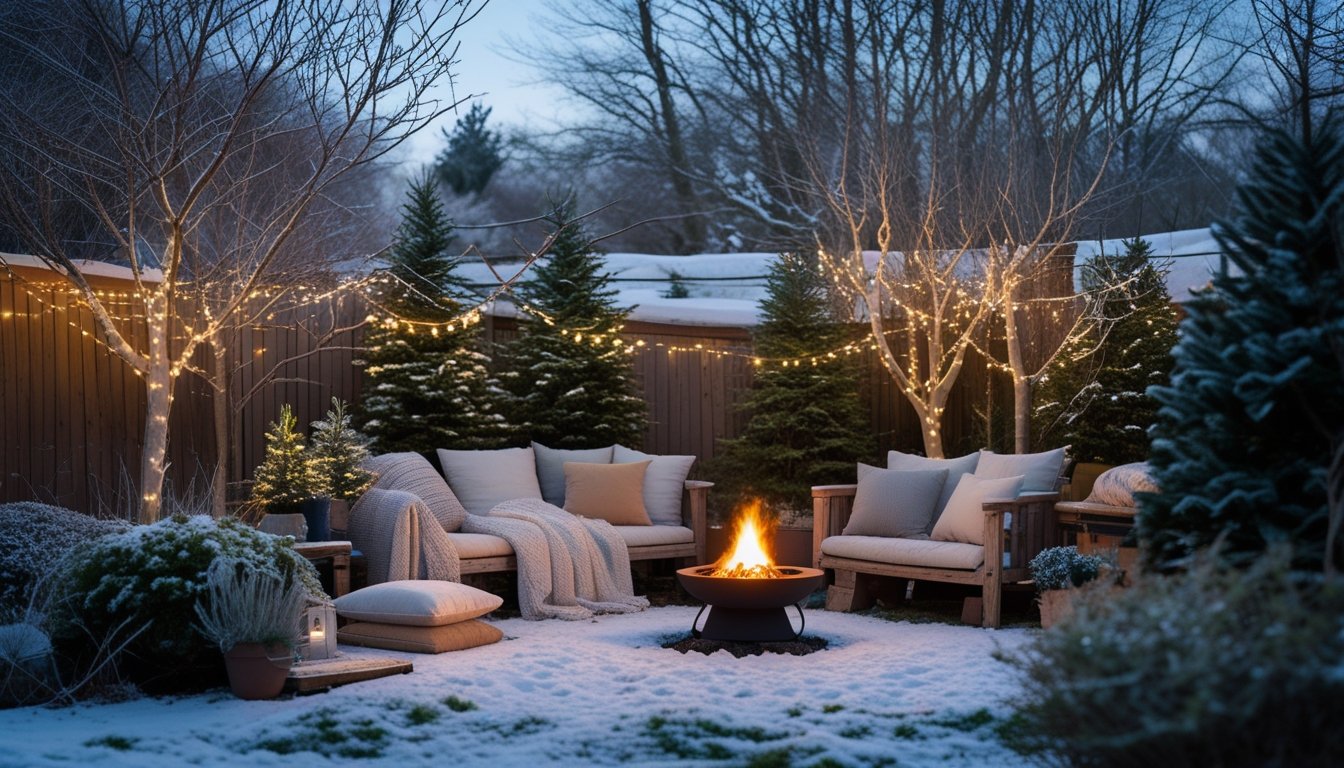 A cosy outdoor seating area in a garden during winter with blankets, cushions, a small fire pit, and snow on the ground.