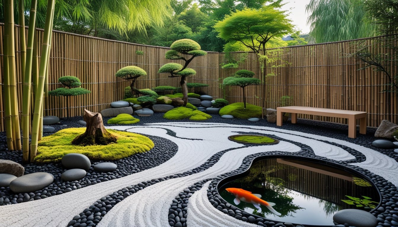 A tranquil Zen garden with raked gravel, bonsai trees, moss, a koi pond, and a wooden bench surrounded by bamboo fencing.