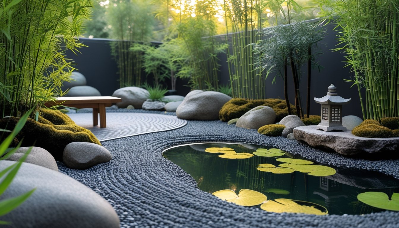 A peaceful Zen garden with raked gravel, stones, bamboo plants, a koi pond, a wooden bench, and a stone lantern.