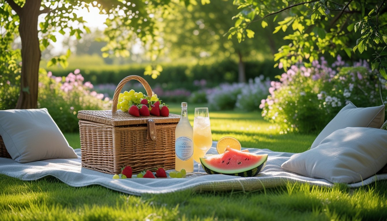 A picnic blanket with a basket of fresh fruit and drinks set on green grass in a sunny garden surrounded by flowers and trees.