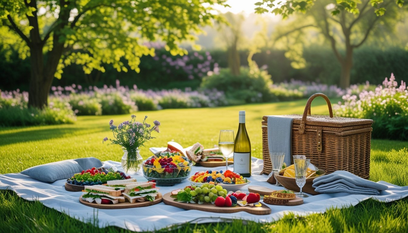 A picnic blanket laid out on green grass in a garden with food, drinks, flowers, and trees in the background.