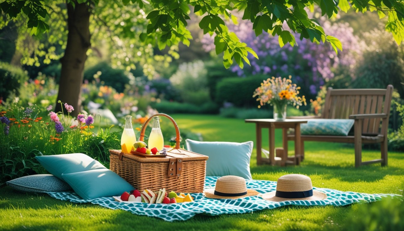 A garden picnic setup with a blanket on green grass, a basket of food, cushions, flowers, and trees on a sunny summer afternoon.