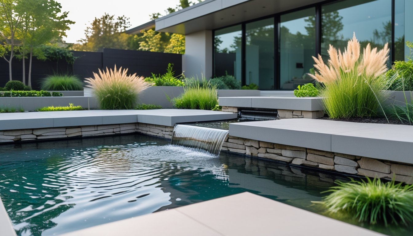 A modern garden with a pond and a small waterfall next to a contemporary house, surrounded by green plants and stone pathways.