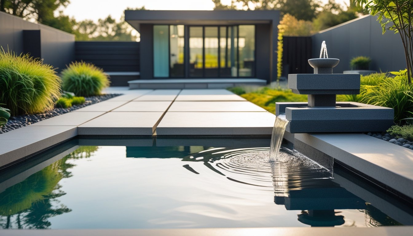 A modern garden with a rectangular reflecting pool, a tiered stone fountain, green plants, and a contemporary house in the background.