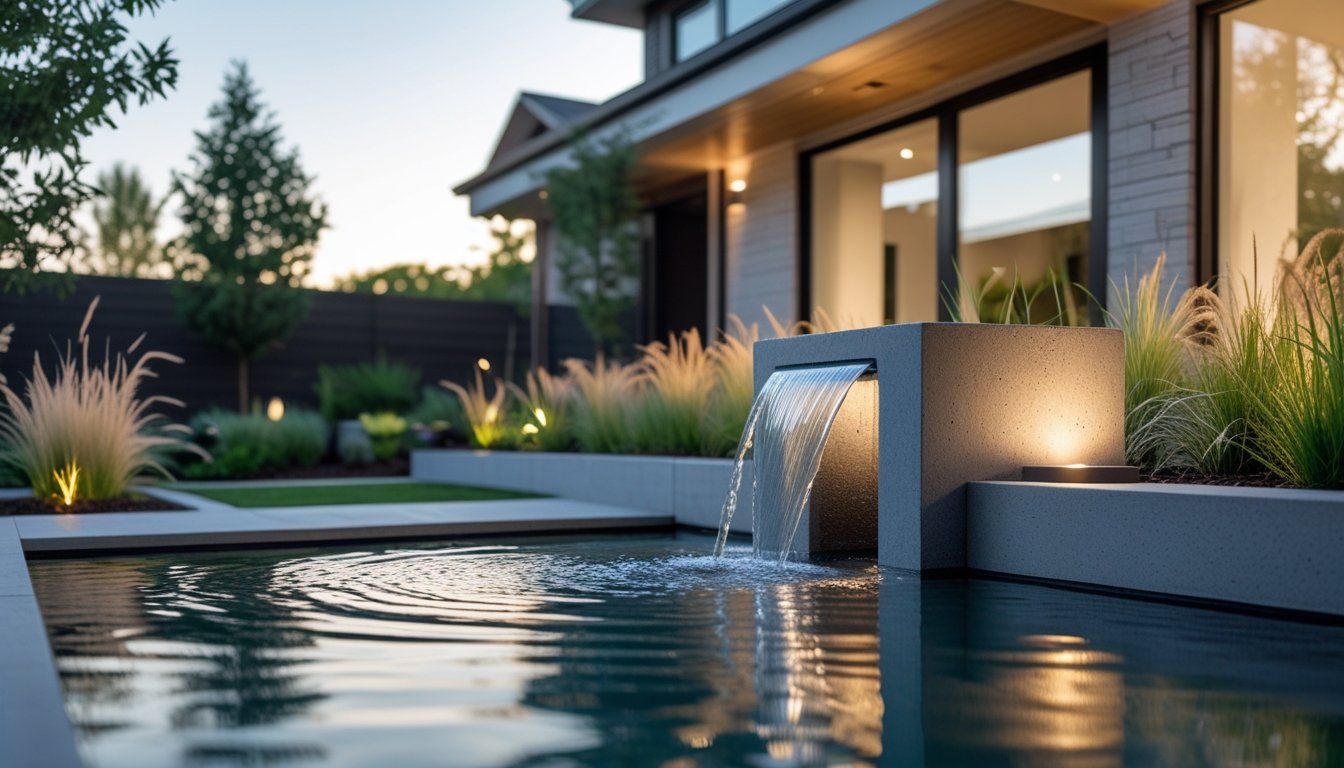 A modern garden water feature with a stone fountain and surrounding plants in front of a contemporary home.