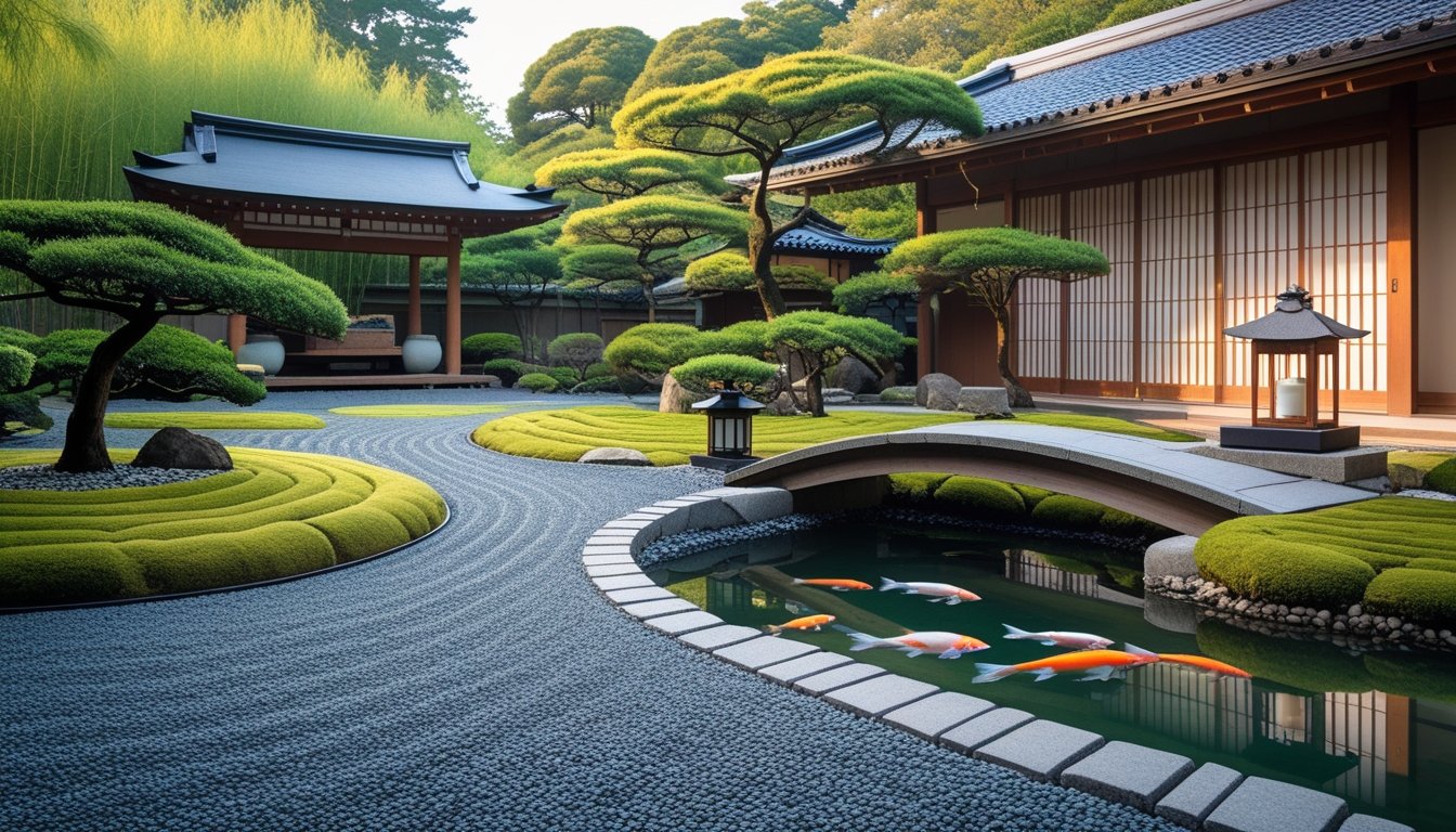 A peaceful garden with a wooden tea house, stone lanterns, a small wooden bridge over a pond, bonsai trees, and raked gravel paths surrounded by greenery.