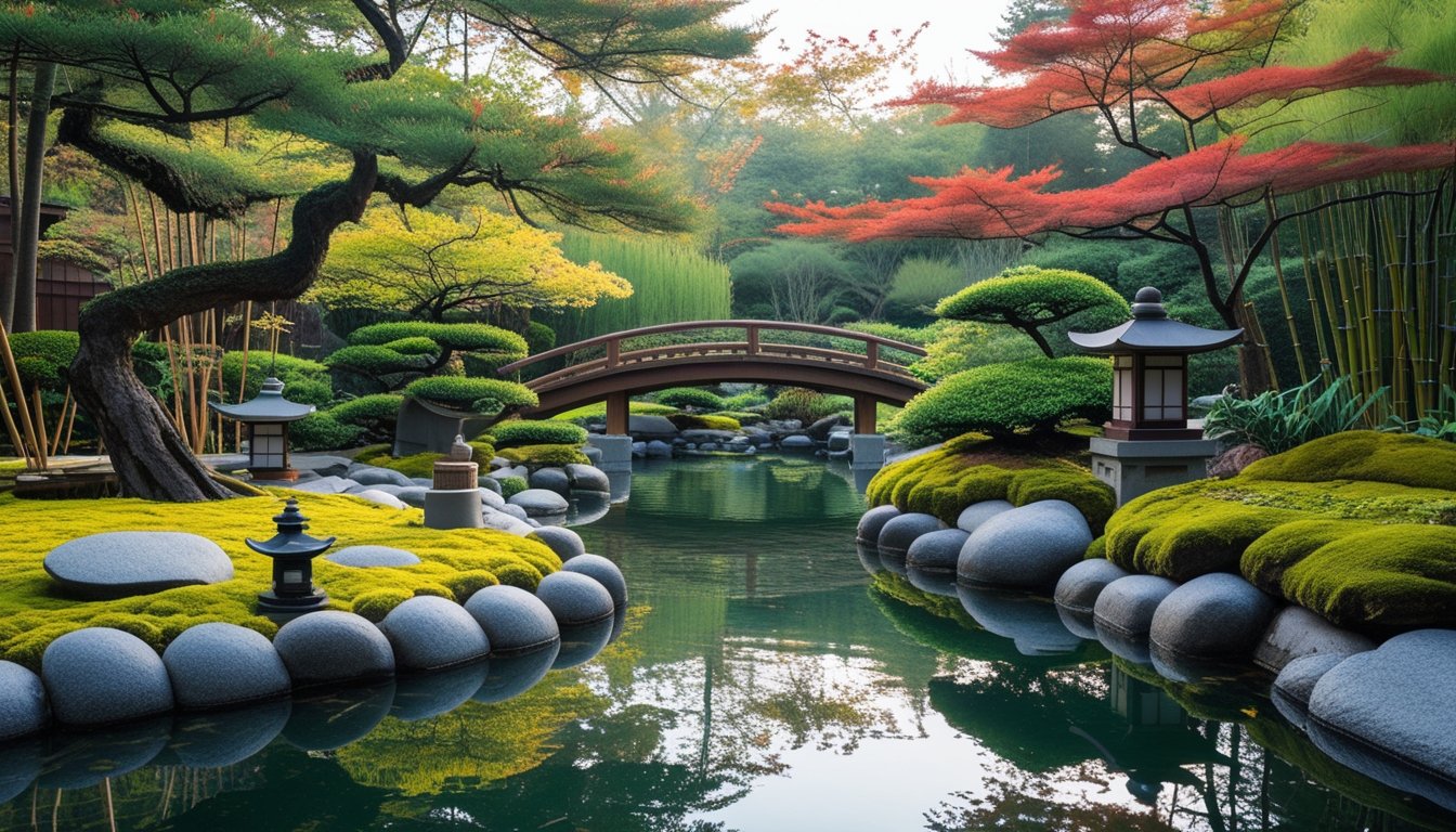 A peaceful garden with a koi pond, stone lanterns, a wooden bridge, bonsai trees, bamboo, and maple trees under soft sunlight.