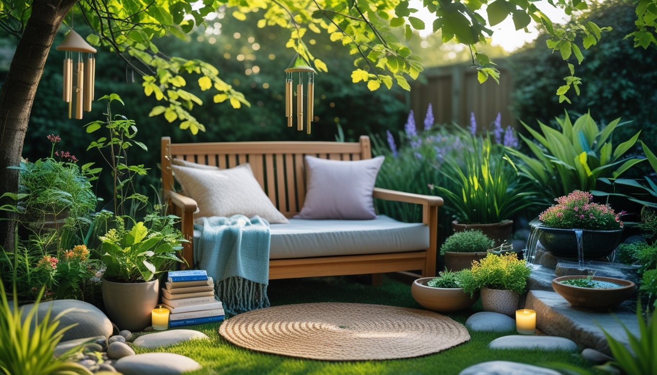 An outdoor meditation corner with a wooden bench, cushions, plants, a small water feature, and natural stone ground in a garden setting.
