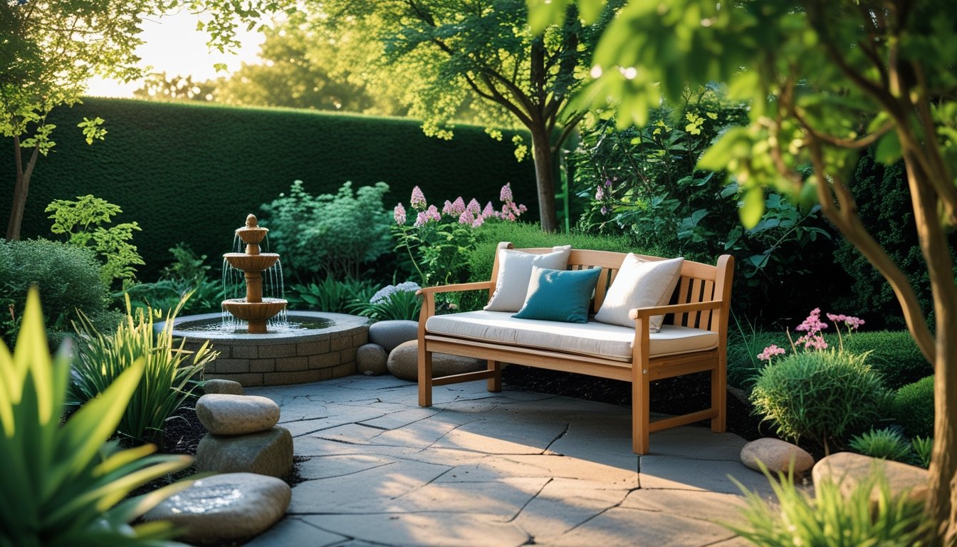A peaceful outdoor meditation corner with a wooden bench, cushions, plants, and a small water fountain in a garden.