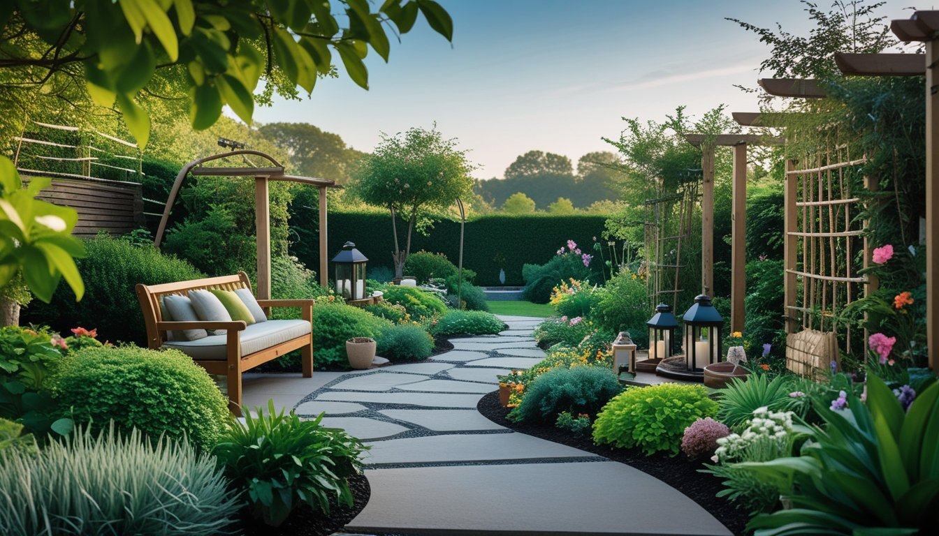 A peaceful garden with green plants, colourful flowers, a wooden bench, stone pathway, and decorative garden features under a clear sky.